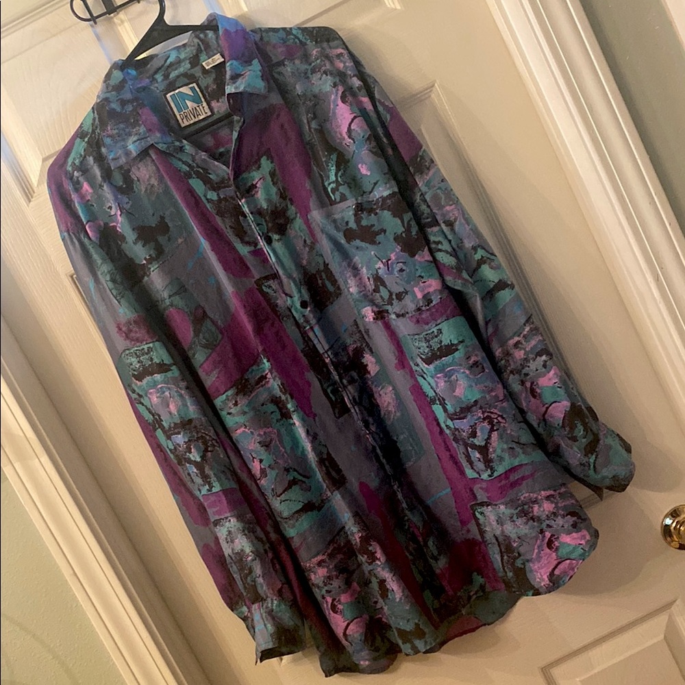 VINTAGE IN PRIVATE SILK Purple and Blue Casual Button Down Shirt Blouse - Picture 4 of 7